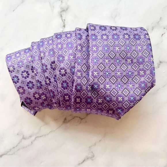 Duchamp Purple Blue Floral Geometric Men’s Silk Tie Hand Made in England - Picture 8 of 8